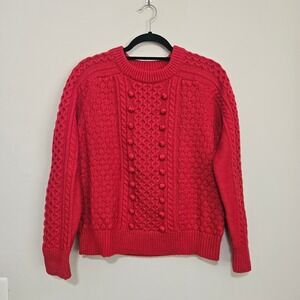 J.Crew Sweater Women M Red Popcorn Cable Knit Lambs Wool Blend Preppy Cozy Hygge